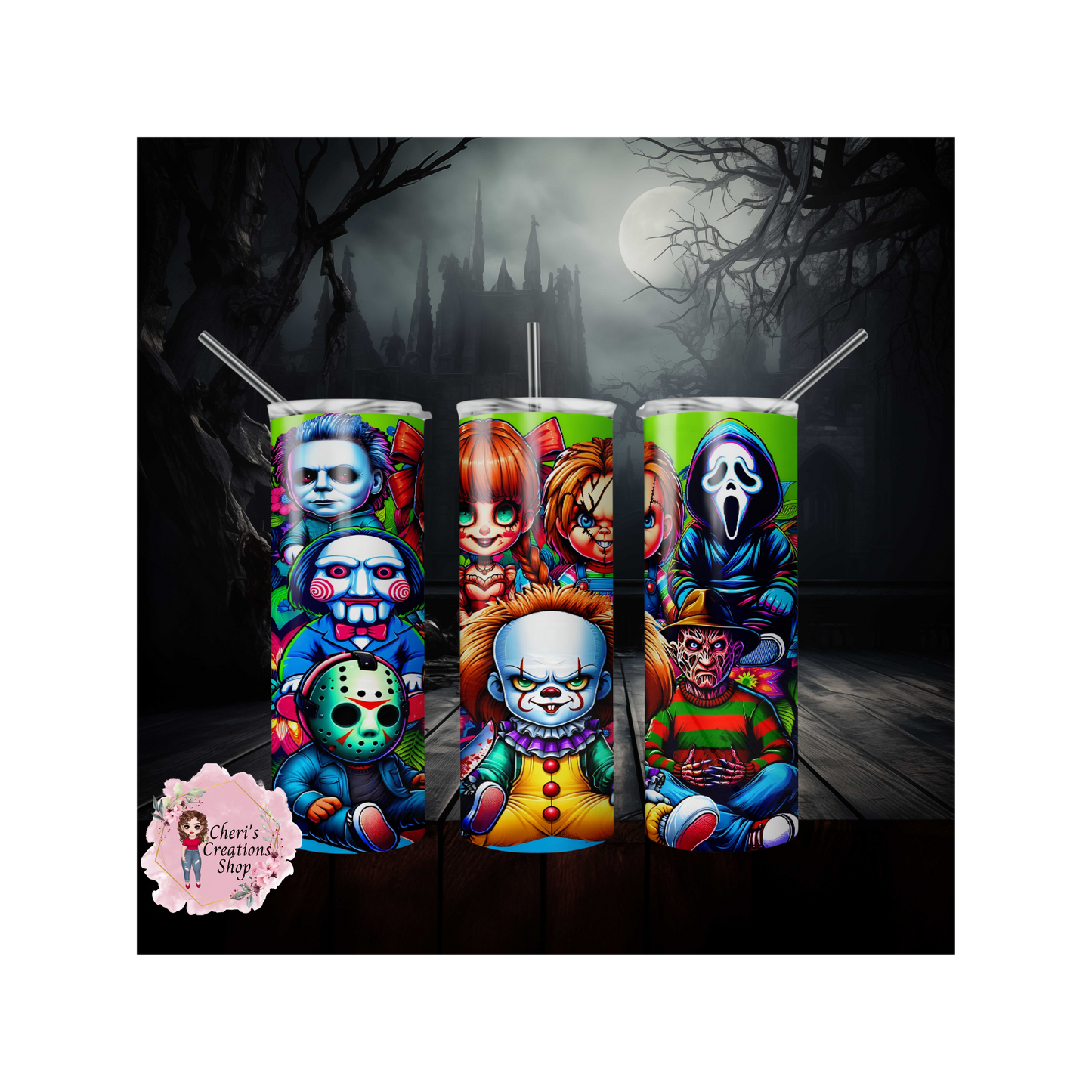 Horror Guys, stainless steel 20oz sublimation tumbler, Favorite Halloween Bad Guys