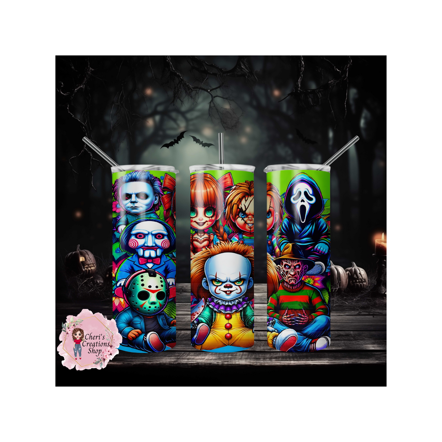 Horror Guys, stainless steel 20oz sublimation tumbler, Favorite Halloween Bad Guys