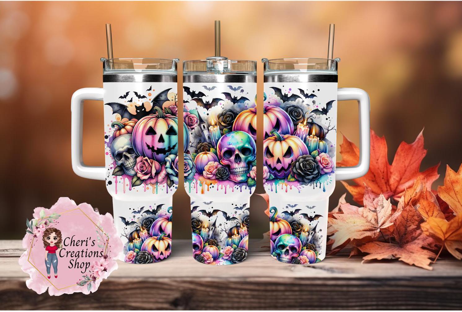 40oz Halloween Stainless Steel Skull and Pumpkin Tumbler | Insulated Cup | Keeps Drinks Hot or Cold | Spooky Season Must-Have