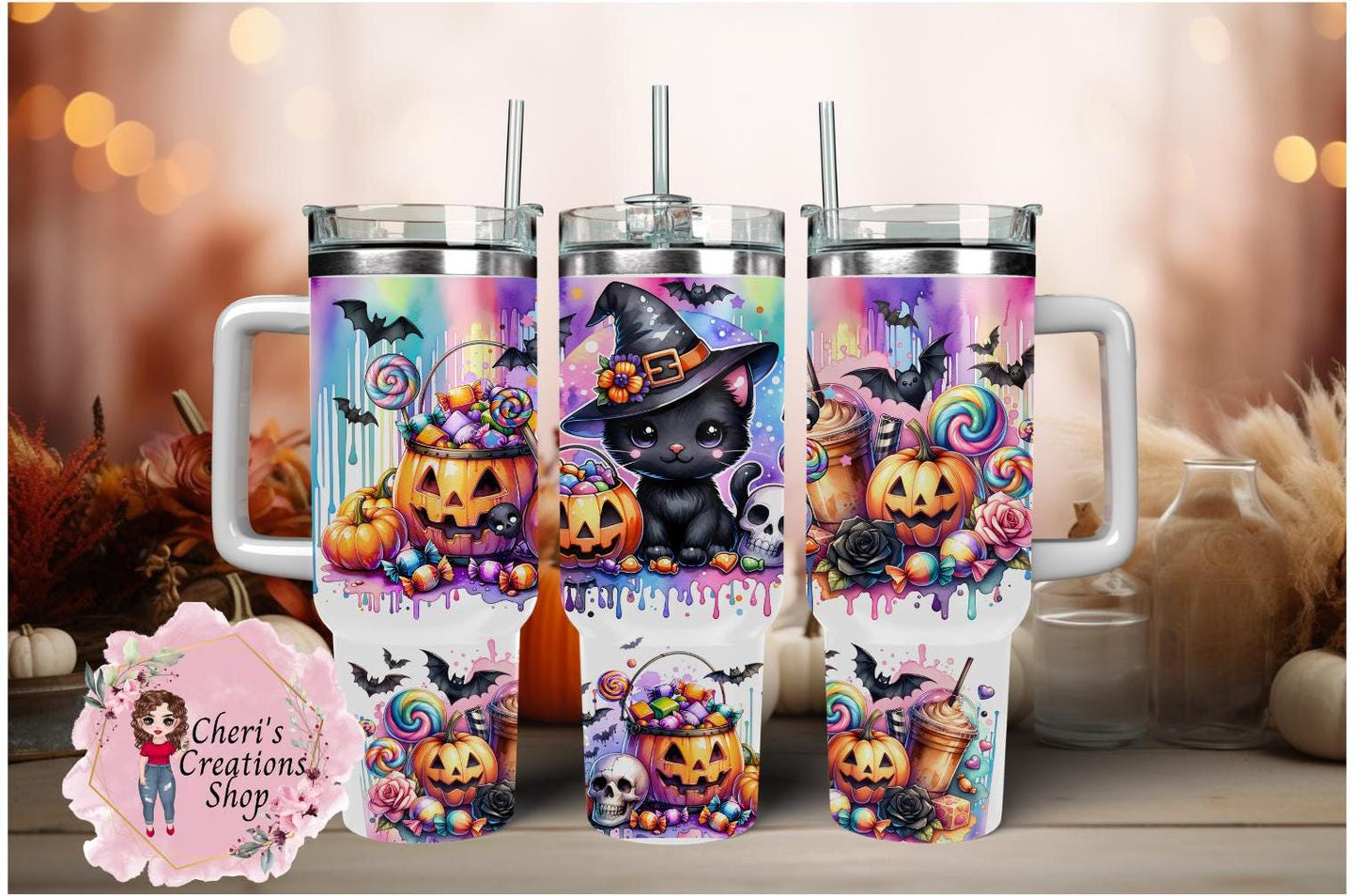 40oz Halloween Stainless Steel Black Cat Tumbler | Insulated Cup | Keeps Drinks Hot or Cold | Spooky Season Must-Have