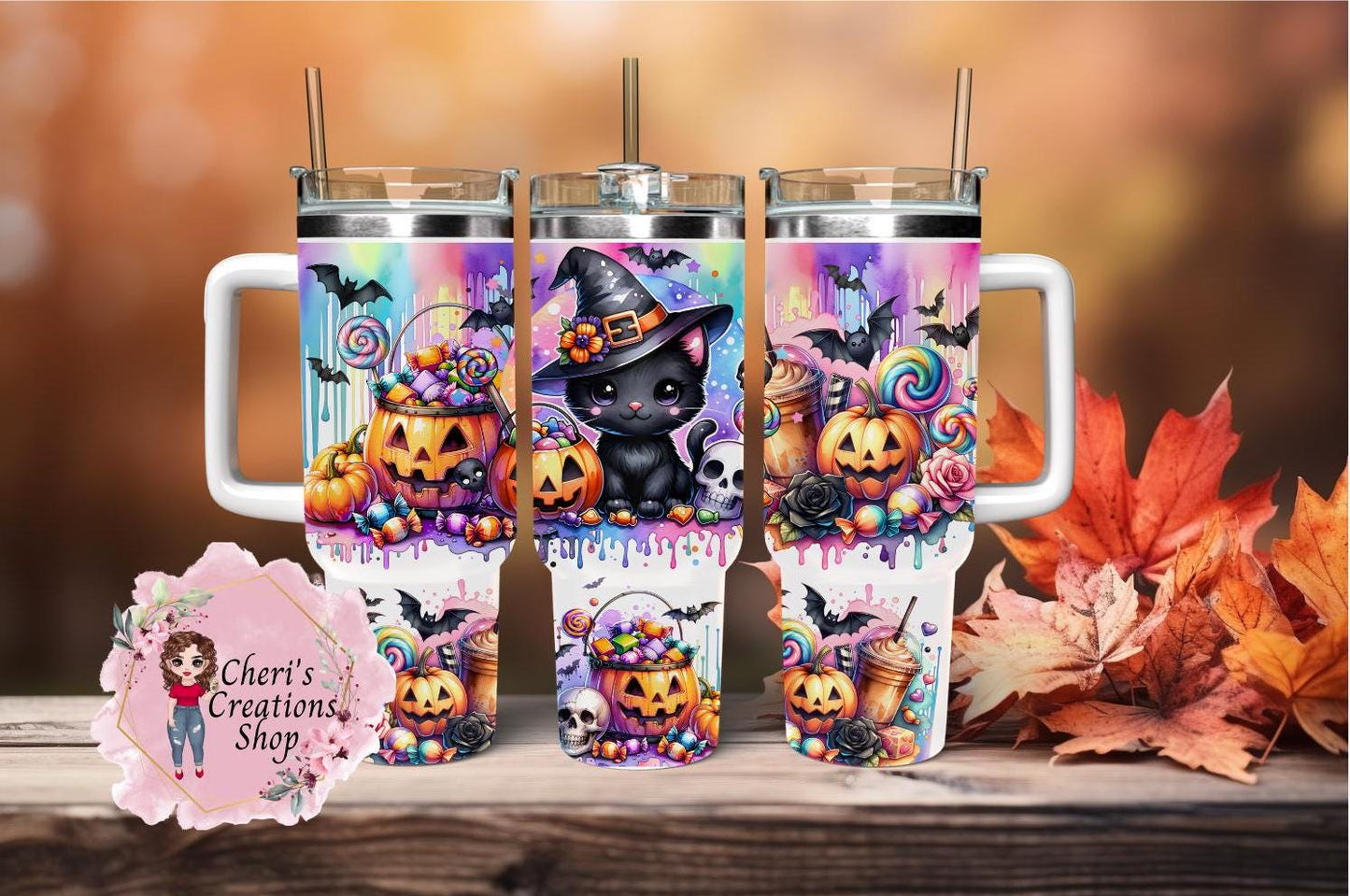 40oz Halloween Stainless Steel Black Cat Tumbler | Insulated Cup | Keeps Drinks Hot or Cold | Spooky Season Must-Have