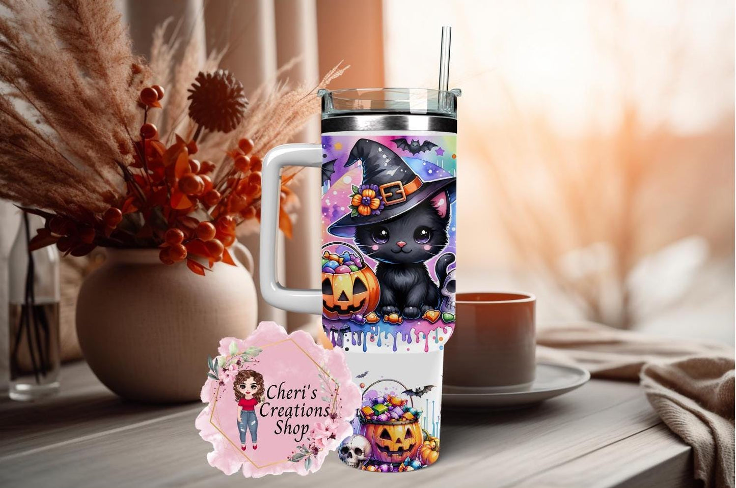 40oz Halloween Stainless Steel Black Cat Tumbler | Insulated Cup | Keeps Drinks Hot or Cold | Spooky Season Must-Have