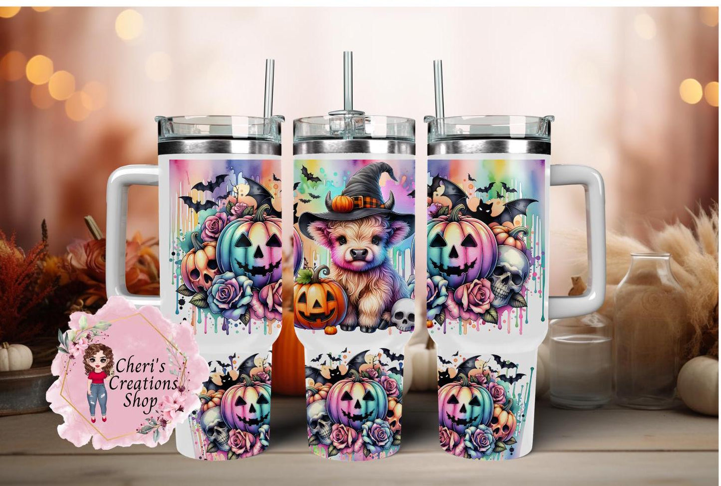 40oz Halloween Stainless Steel Cute Highland Cow Tumbler | Insulated Cup | Keeps Drinks Hot or Cold | Spooky Season Must-Have