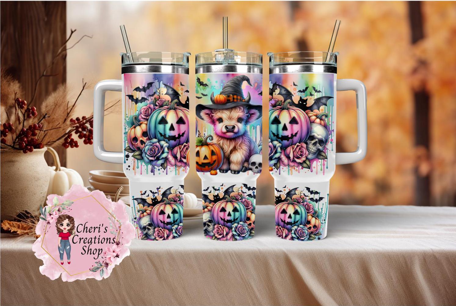 40oz Halloween Stainless Steel Cute Highland Cow Tumbler | Insulated Cup | Keeps Drinks Hot or Cold | Spooky Season Must-Have