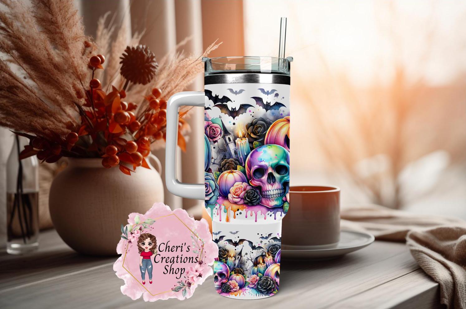 40oz Halloween Stainless Steel Skull and Pumpkin Tumbler | Insulated Cup | Keeps Drinks Hot or Cold | Spooky Season Must-Have