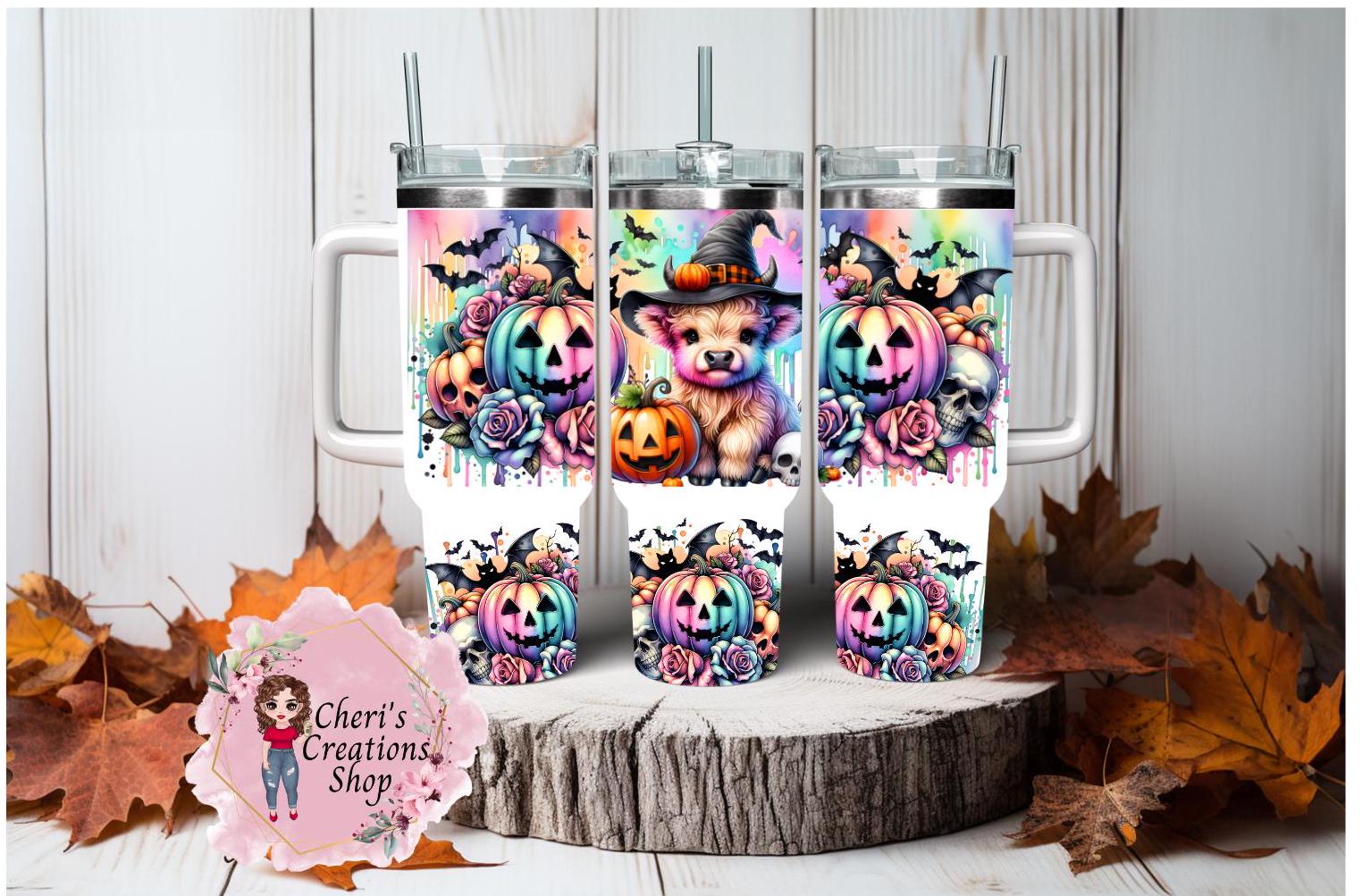 40oz Halloween Stainless Steel Cute Highland Cow Tumbler | Insulated Cup | Keeps Drinks Hot or Cold | Spooky Season Must-Have